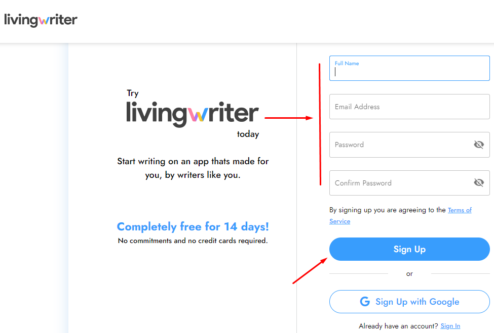 Livingwriter sign up form
