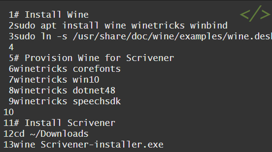 commands for Scrivener