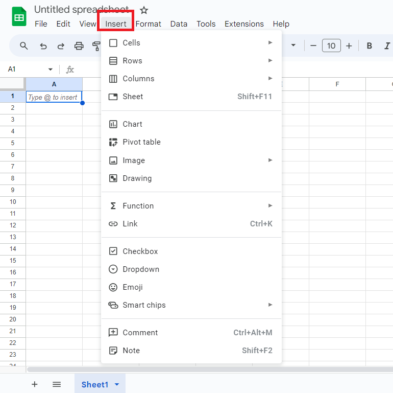 Google Sheets insert tab