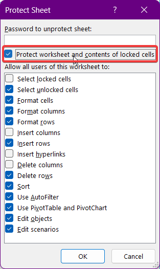 Protect worksheet and contents of locked cells.