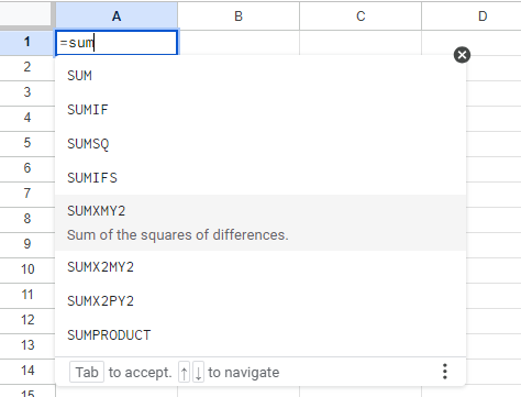 Google Sheets insert function using shortcut
