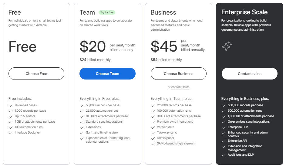 Airtable pricing plans