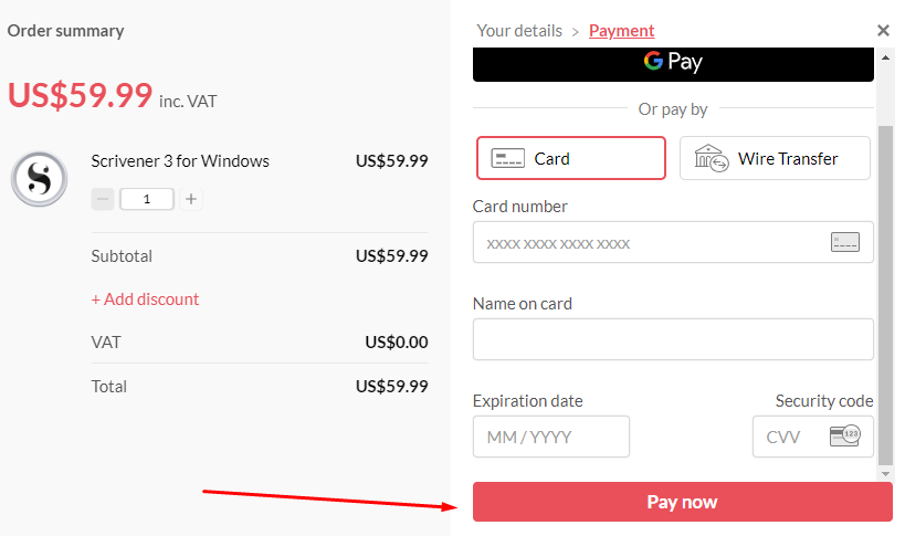 Scrivener pay now option