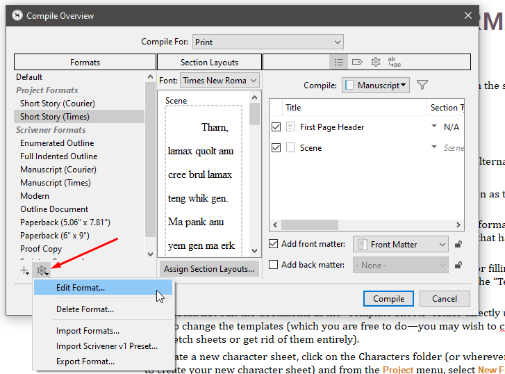 Scrivener compile settings