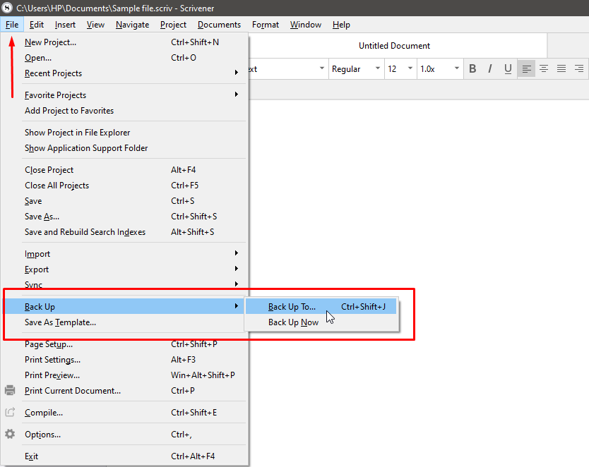 Back up option Scrivener