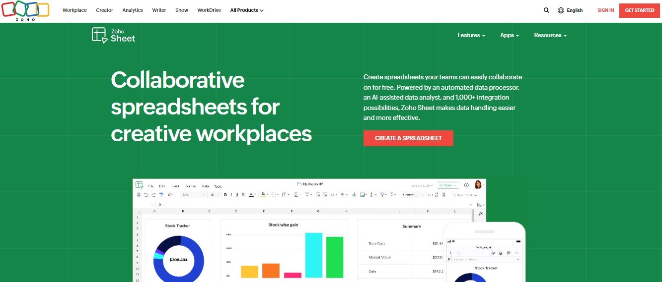 Zoho Sheet Homepage