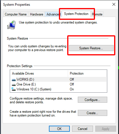 the System Restore button.