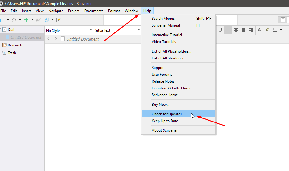 update option in Scrivener
