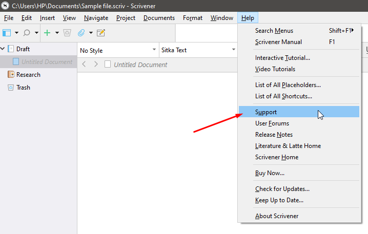 Scrivener support option