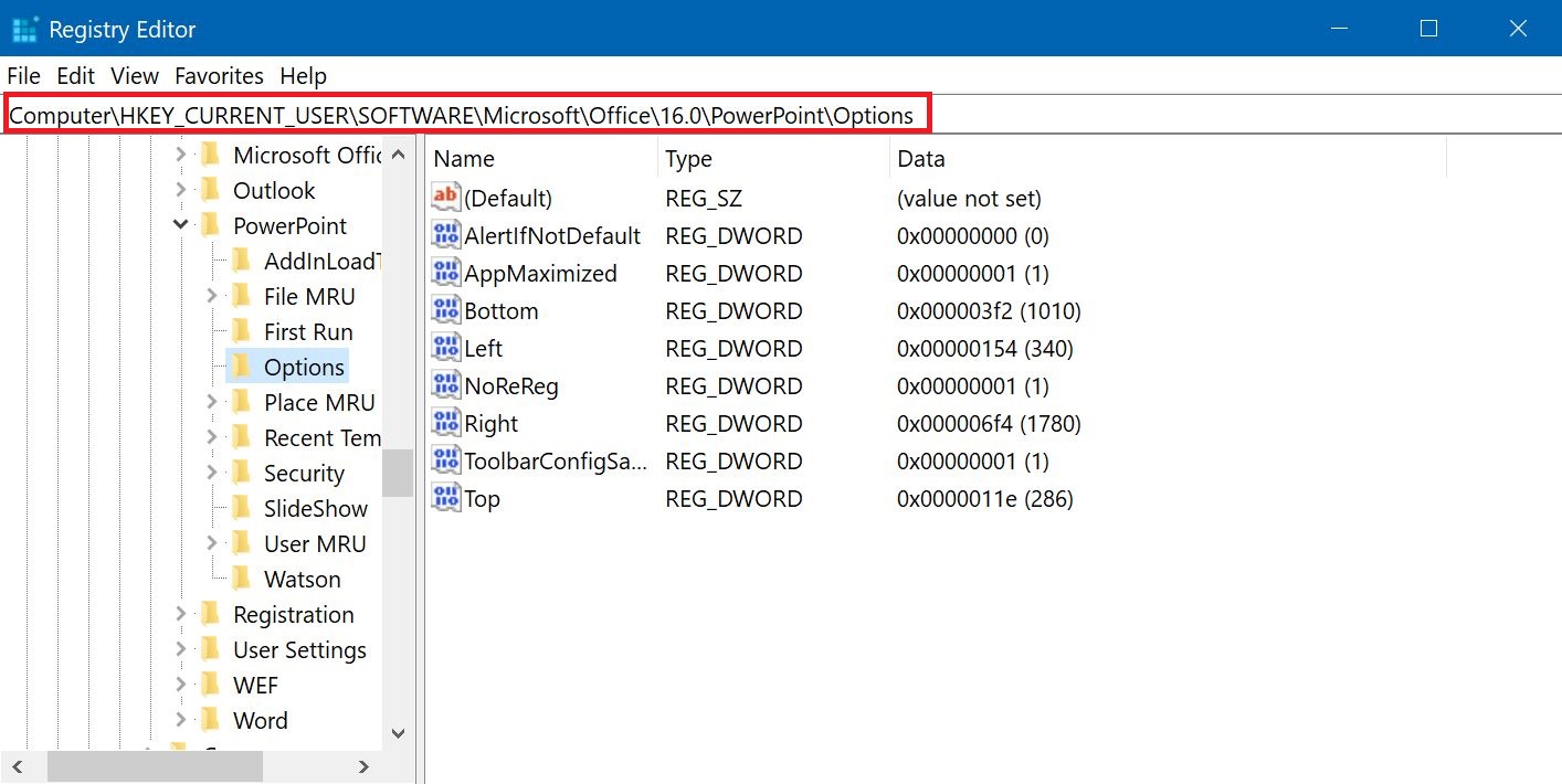 MS Office options in Registry Editor