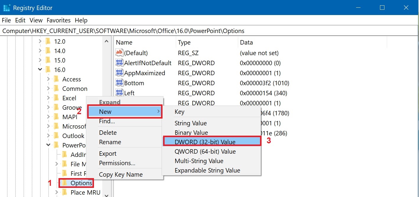 Select DWORD from the options menu