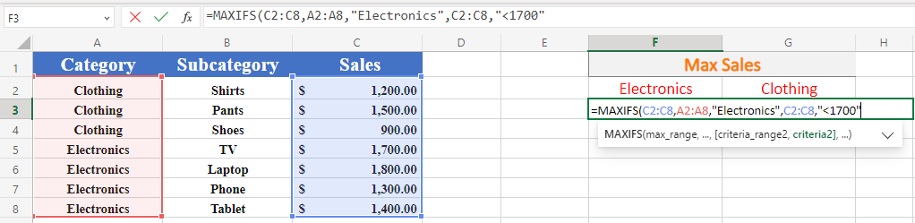 Excel MAXIFS second criteria