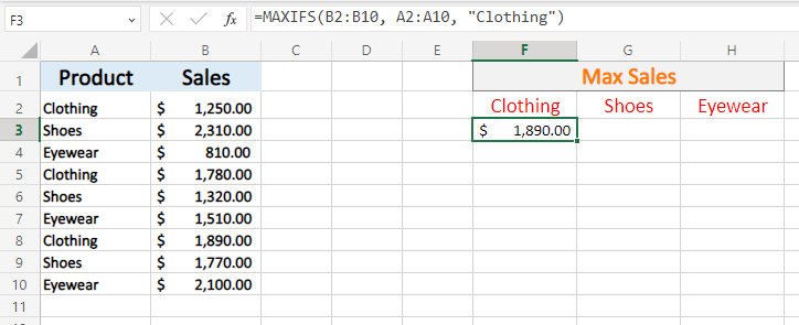 Excel MAXIFS function result