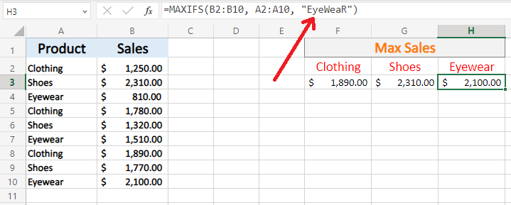 Excel MAXIFS function is not case sensitive