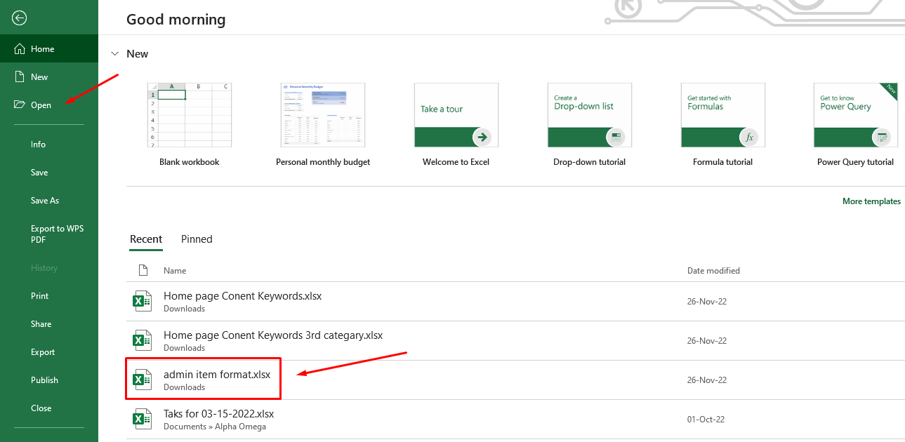 MS Excel new file open