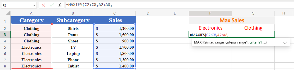  Excel MAXIFS first criteria range