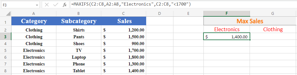 Excel MAXIFS with multiple categories results