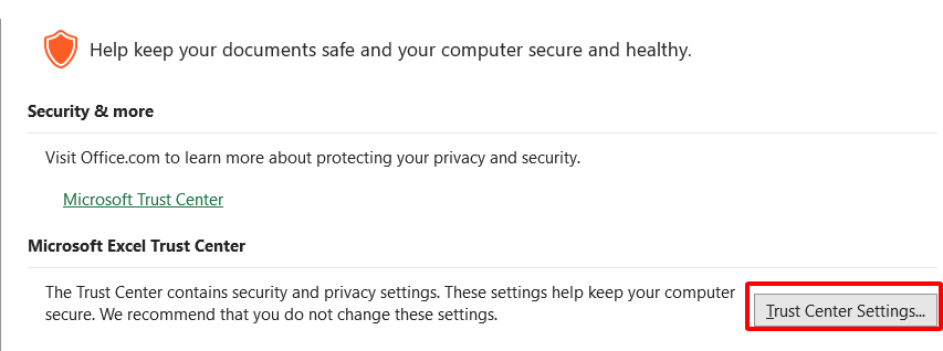 Trust center settings