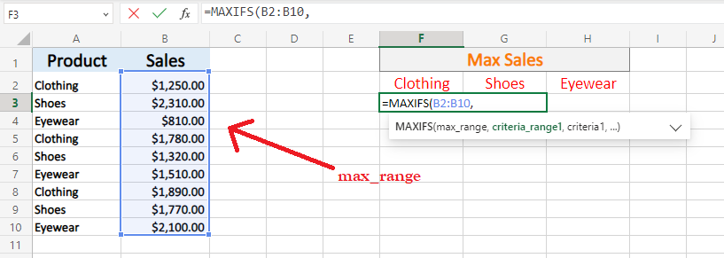 Excel MAXIFS max_range