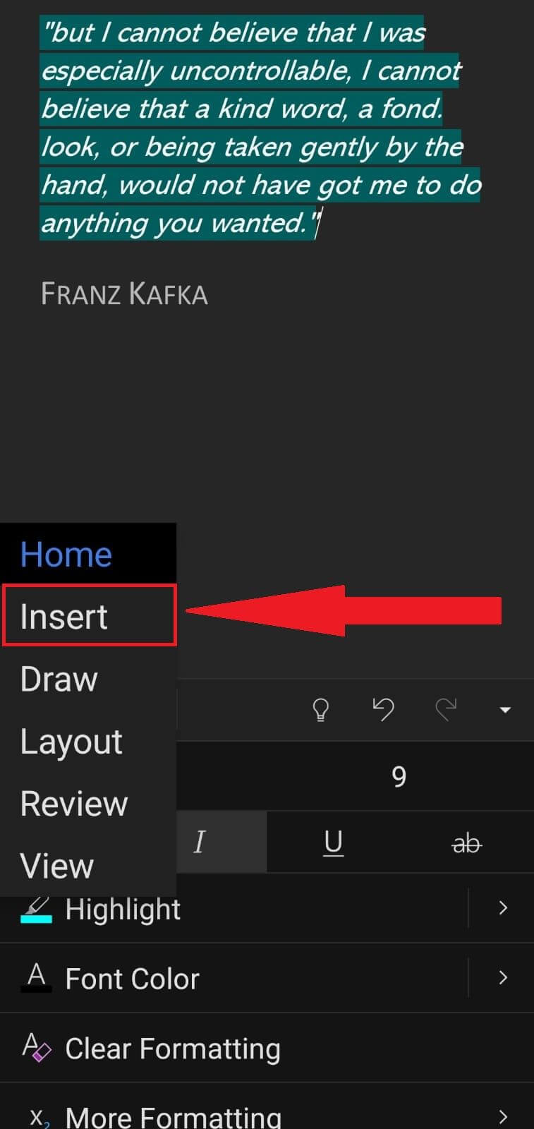 Microsoft Word mobile insert tab