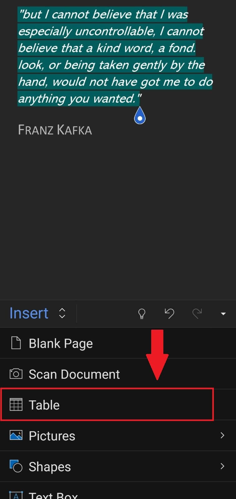 Microsoft Word mobile insert tables