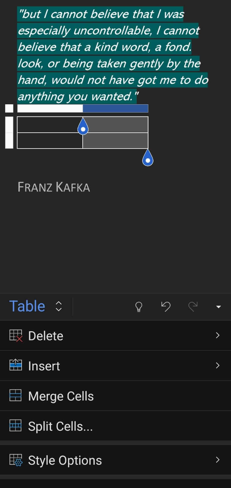 Microsoft Word mobile tables