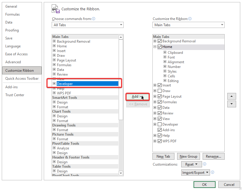 Developer Tab and Add button