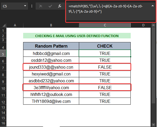 extract email pattern Using User-Defined Function