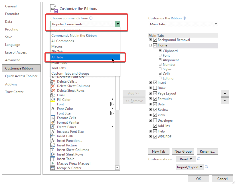 Choose commands from list with All tab selected