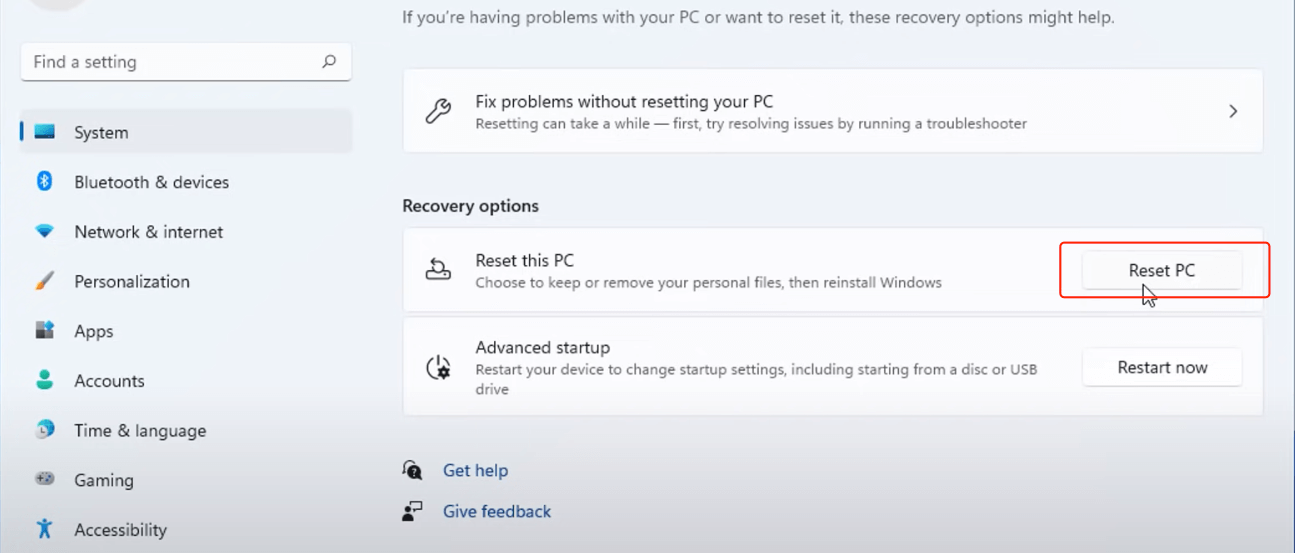open reset pc feature windows 11