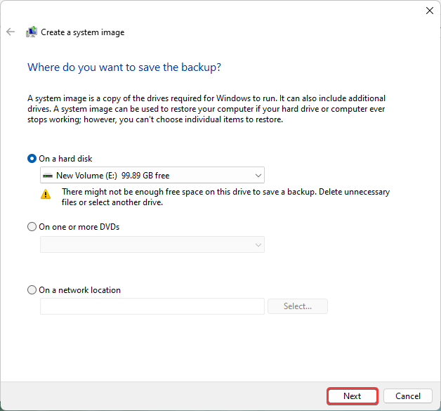 create a system image choose disk