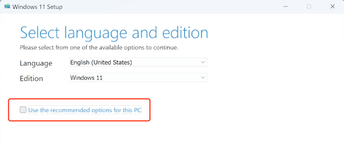 select language and edition of windows 11