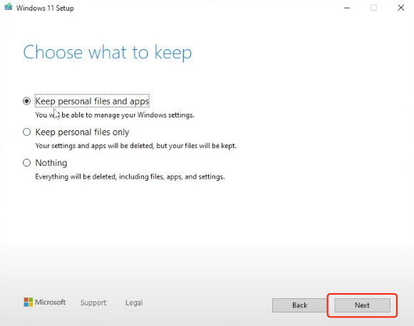 windows 11 setup choose what to keep
