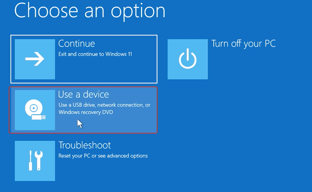 choose device to boot in Windows Recovery Environment