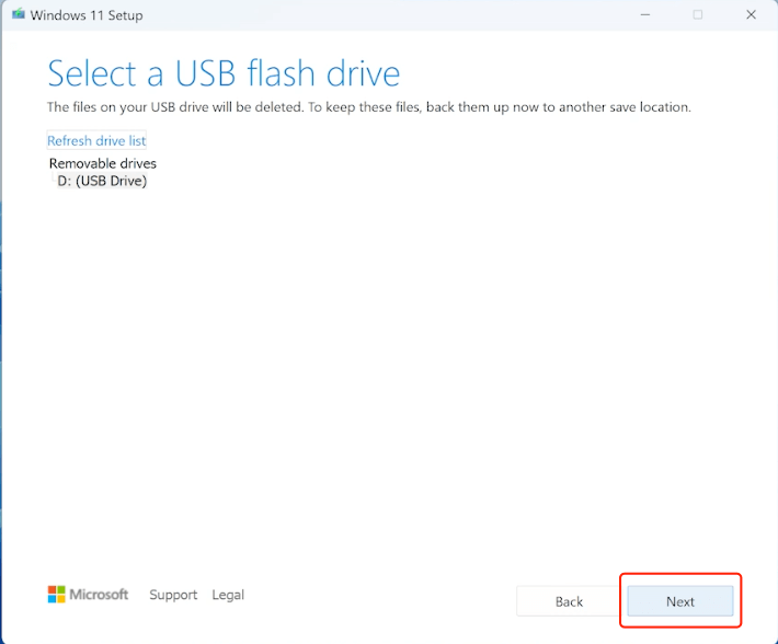select a usb flash drive to make a bootable device