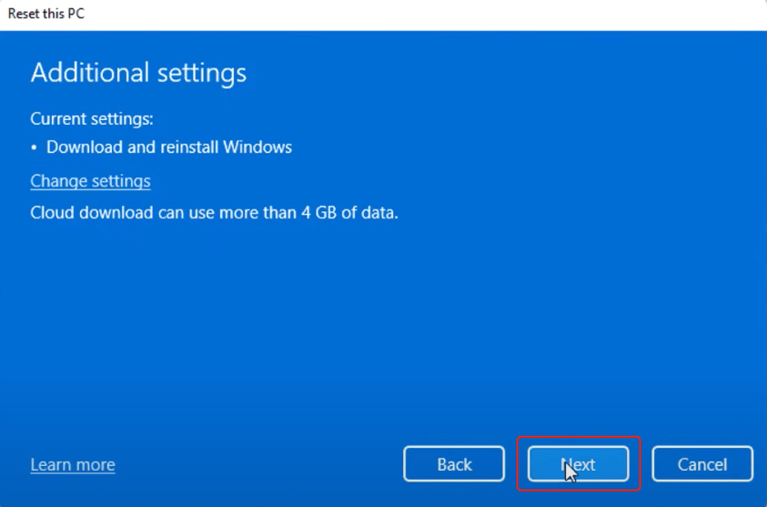 reset this pc additional settings