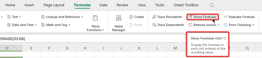 Show formulas option in workbook formulas group