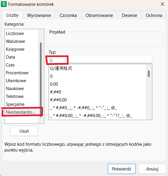 Ustaw niestandardowy format