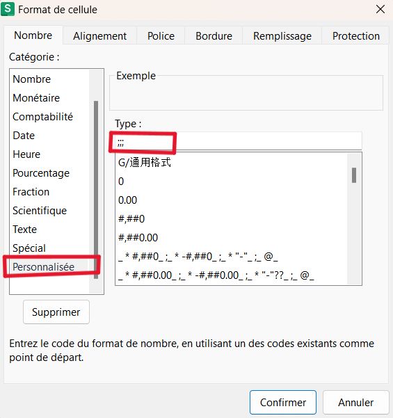 Définir le format personnalisé