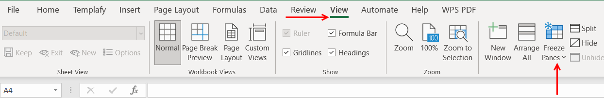 select the row right before where you want the freeze to occur