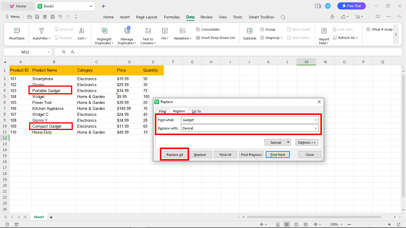 Find and Replace options in Find and Replace dialog box in WPS Spreadsheet