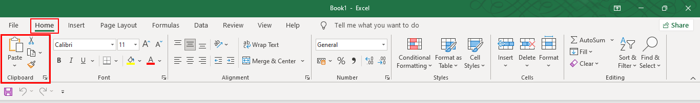 Ribbon in Microsoft Excel with Clipboard section selected in Home tab