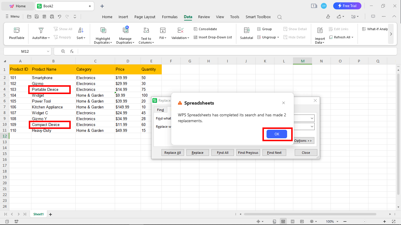 Replace all option with changed requirements in WPS Spreadsheets