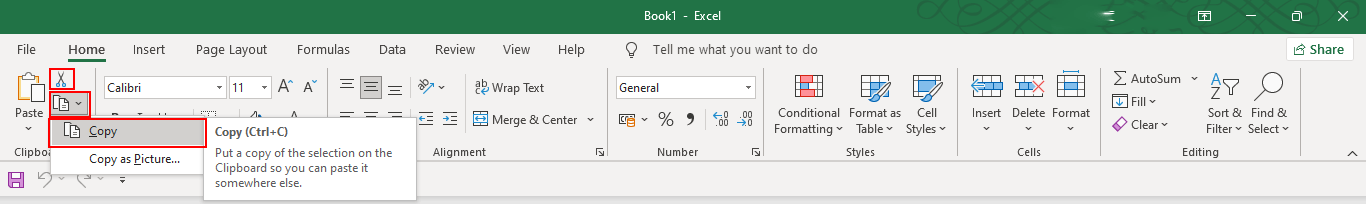 Clipboard section showing cut and copy options