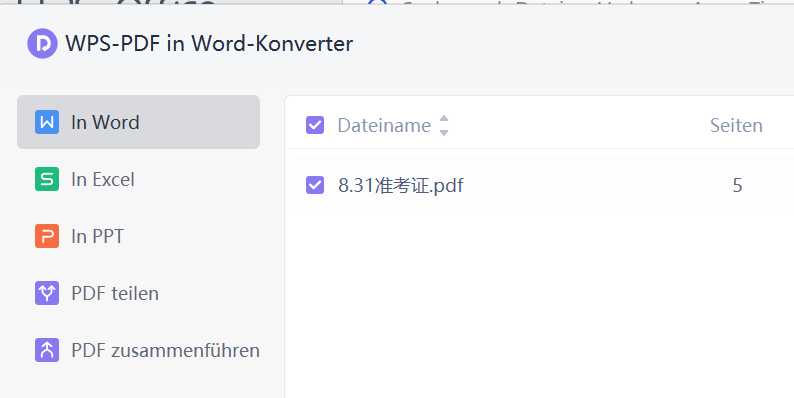 Der WPS PDF zu Word Konvertierungsbereich