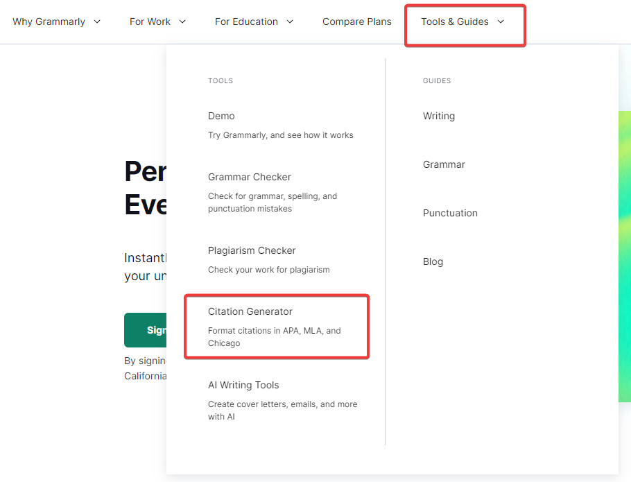 Tools & Guides tab and citation generator option
