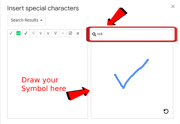 Google Drive Insert Special Characters dialog box