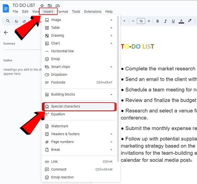 Google Drive Insert Special characters