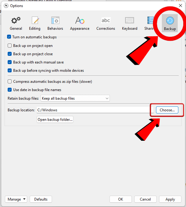 Scrivener Backup location field