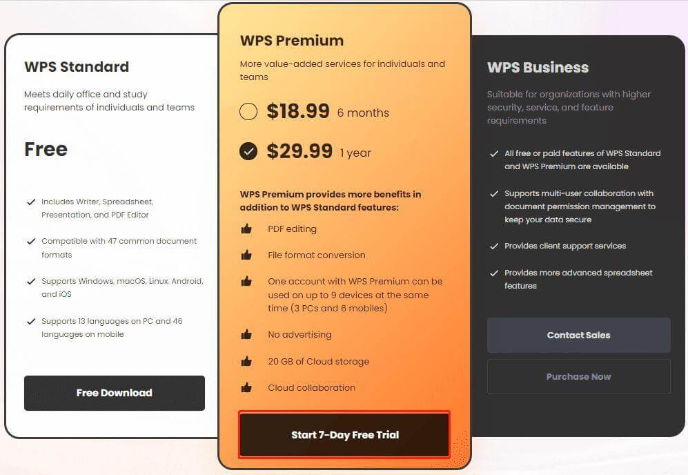  WPS Office pricing